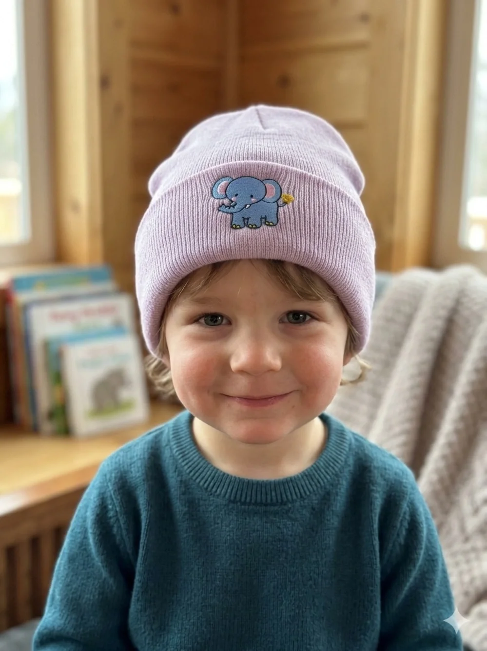 Kids Pastel Purple Beanie Hat with Cute Elephant Patch